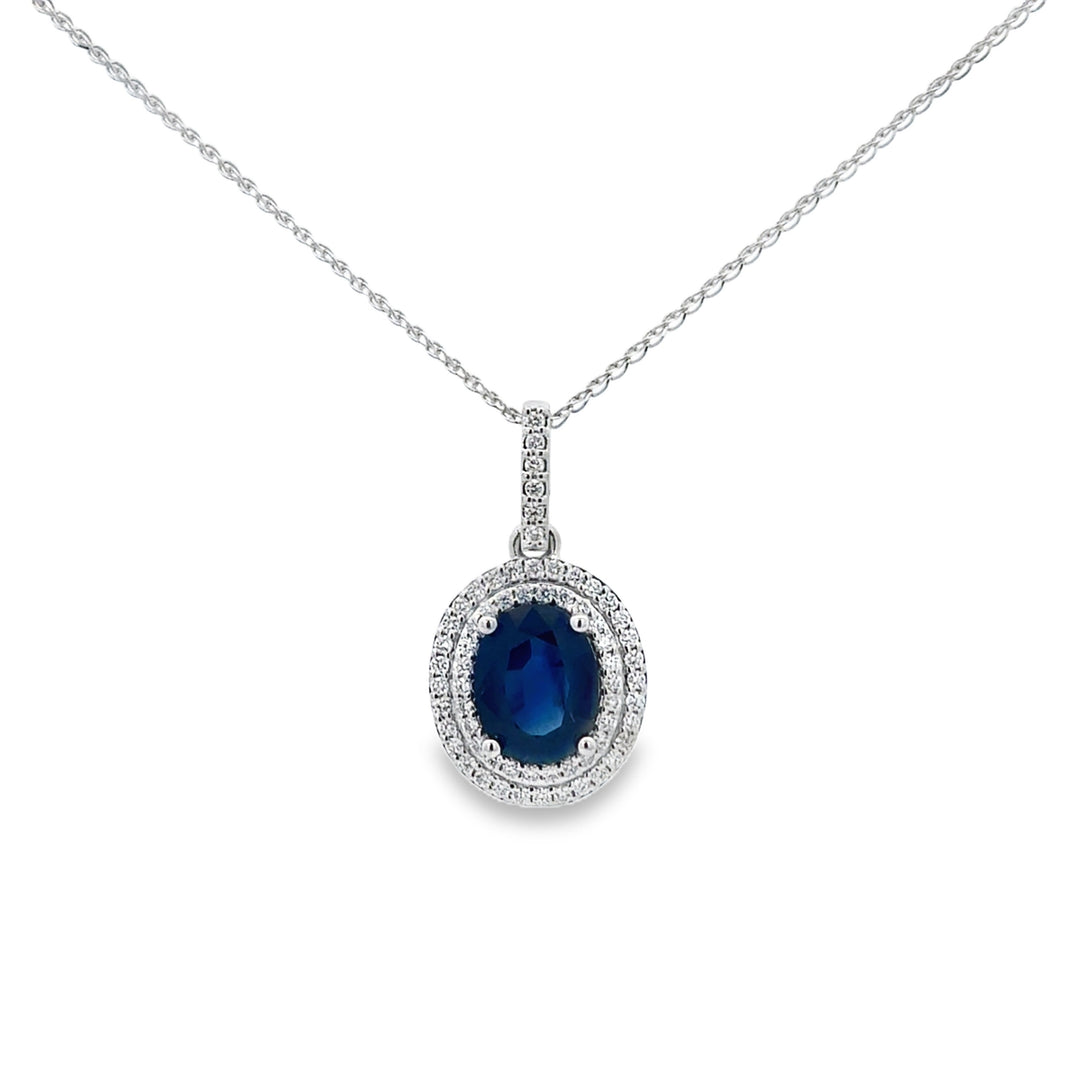 1.97 CT Sapphire 0.31 CTW Diamond 14K White Gold Halo Pendant Necklace