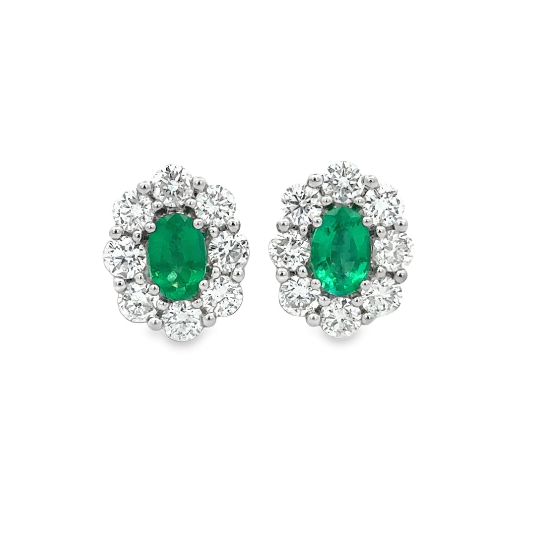 0.80 CTW Emerald 1.52 CTW Diamond 18K White Gold Halo Stud Earrings