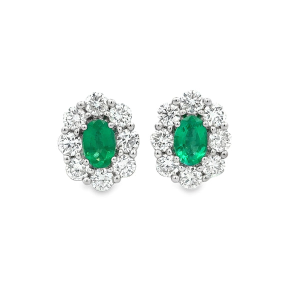 0.80 CTW Emerald 1.52 CTW Diamond 18K White Gold Halo Stud Earrings