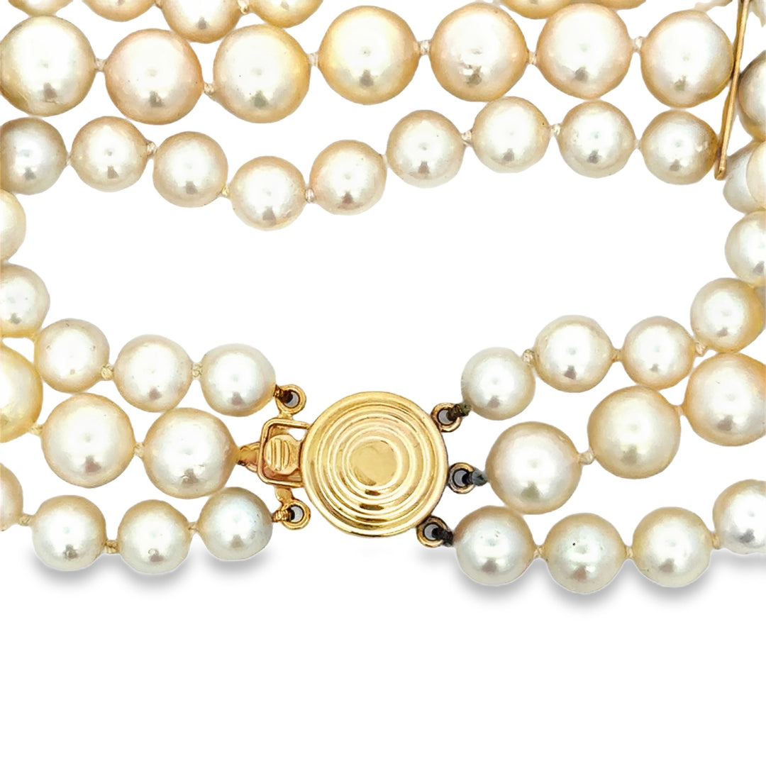 Triple Strand Pearl Bracelet in 14K Yellow Gold – 7.5 Inches