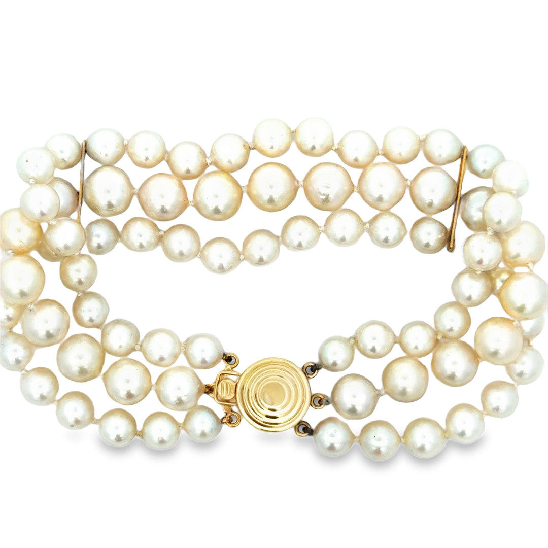 Triple Strand Pearl Bracelet in 14K Yellow Gold – 7.5 Inches