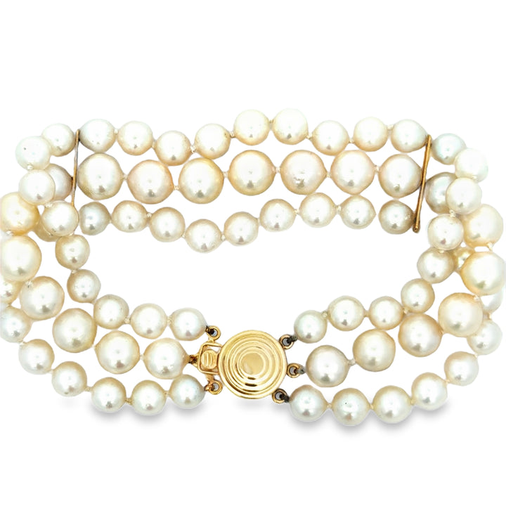 Triple Strand Pearl Bracelet in 14K Yellow Gold – 7.5 Inches