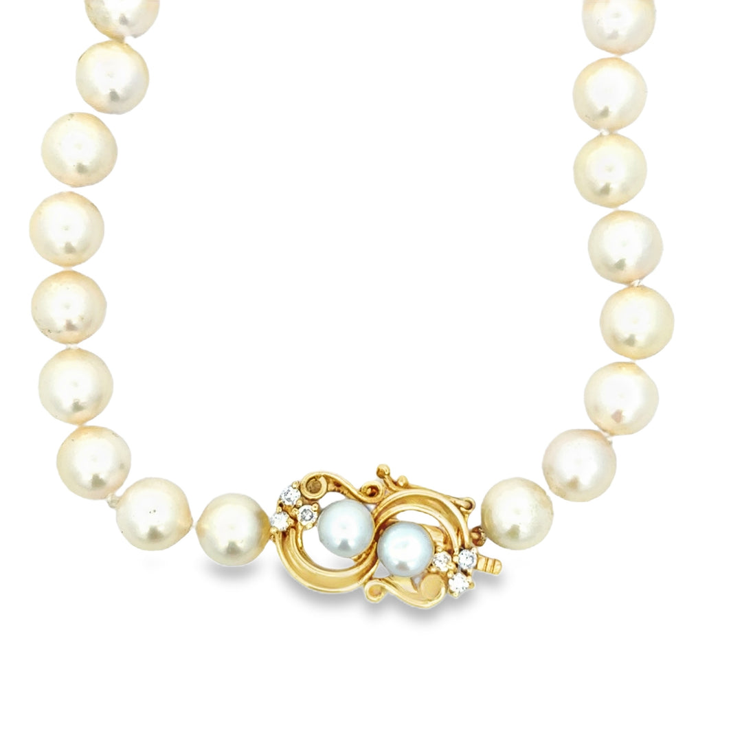 0.15 CTW Diamond and 7MM Pearl Necklace with 14K Yellow Gold Clasp – 27 Inches