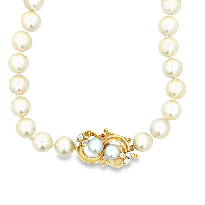 0.15 CTW Diamond and 7MM Pearl Necklace with 14K Yellow Gold Clasp – 27 Inches