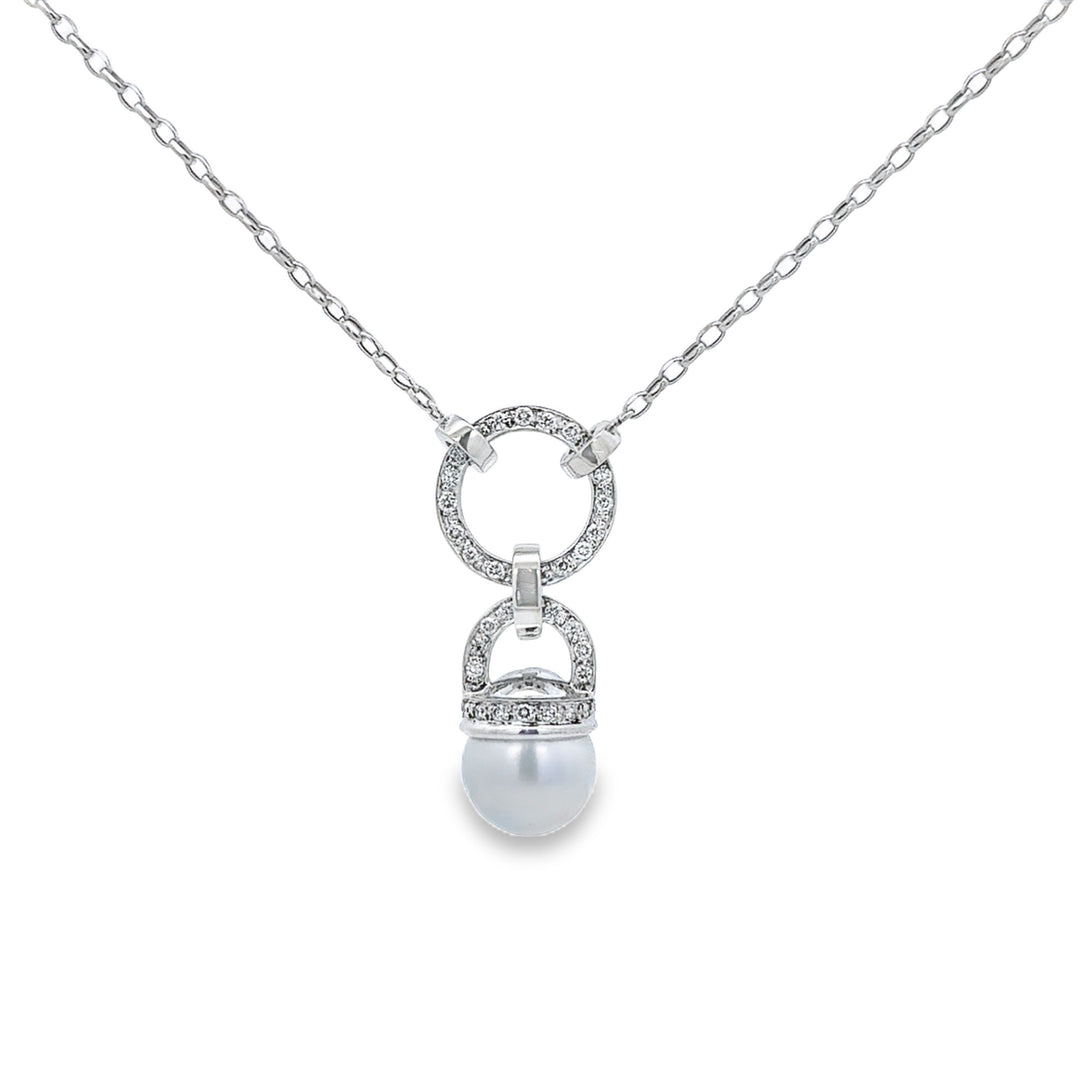 0.50 CTW Diamond and 12.5MM Pearl Pendant Necklace in 18K Italian White Gold – 16 Inches