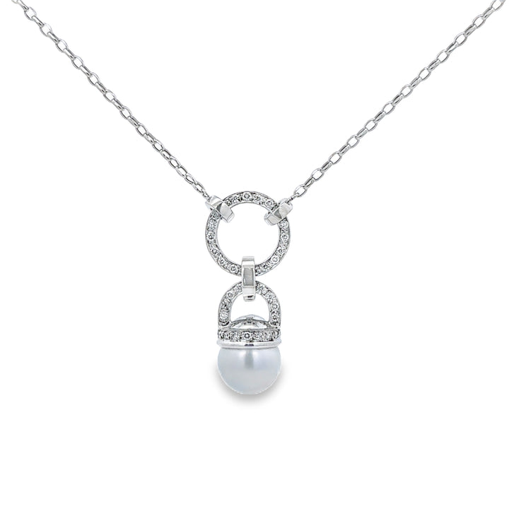 0.50 CTW Diamond and 12.5MM Pearl Pendant Necklace in 18K Italian White Gold – 16 Inches
