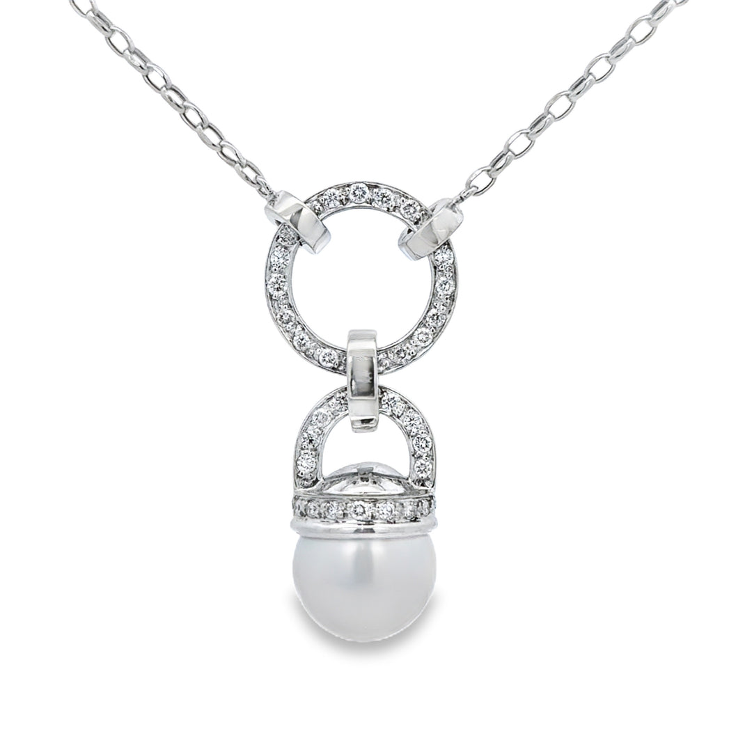 0.50 CTW Diamond and 12.5MM Pearl Pendant Necklace in 18K Italian White Gold – 16 Inches