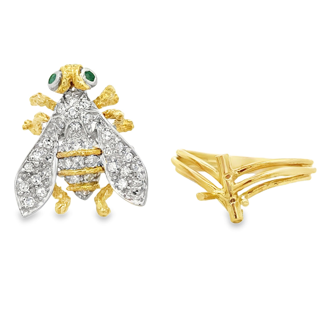 0.50 CTW Diamond and Emerald 14K Two-Tone Gold Convertible Bee Ring and Brooch – Size 8