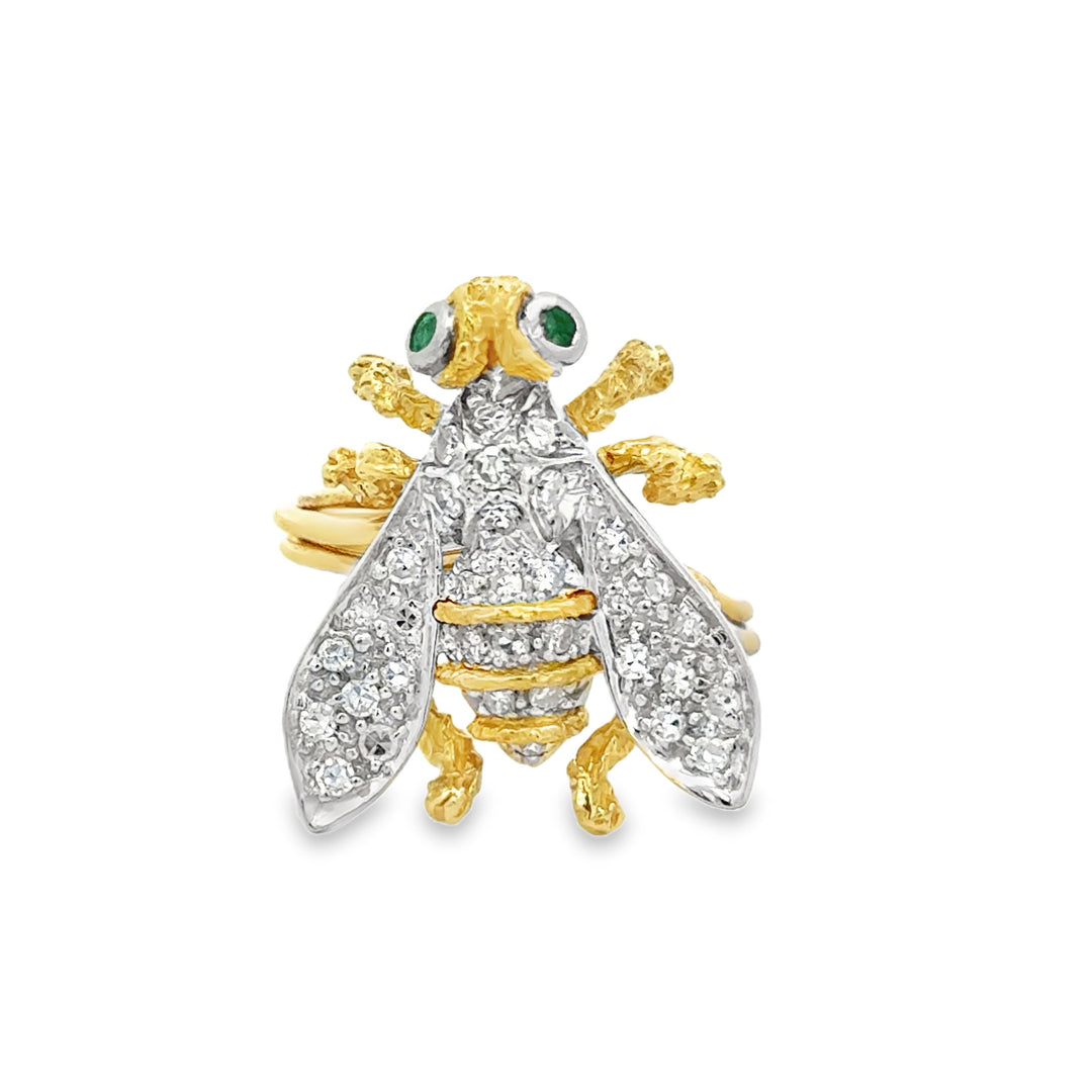 0.50 CTW Diamond and Emerald 14K Two-Tone Gold Convertible Bee Ring and Brooch – Size 8