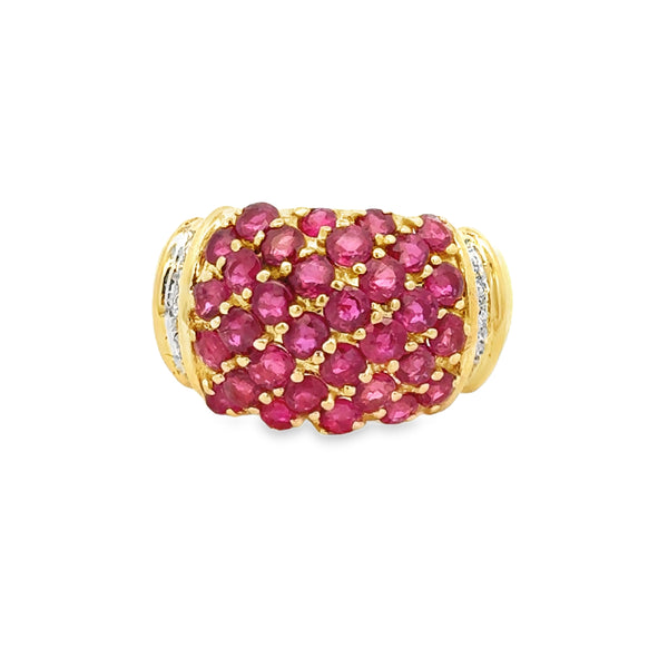 2.50 CTW Ruby and 0.10 CTW Diamond 18K Yellow Gold Cluster Ring – Size 7 1/4