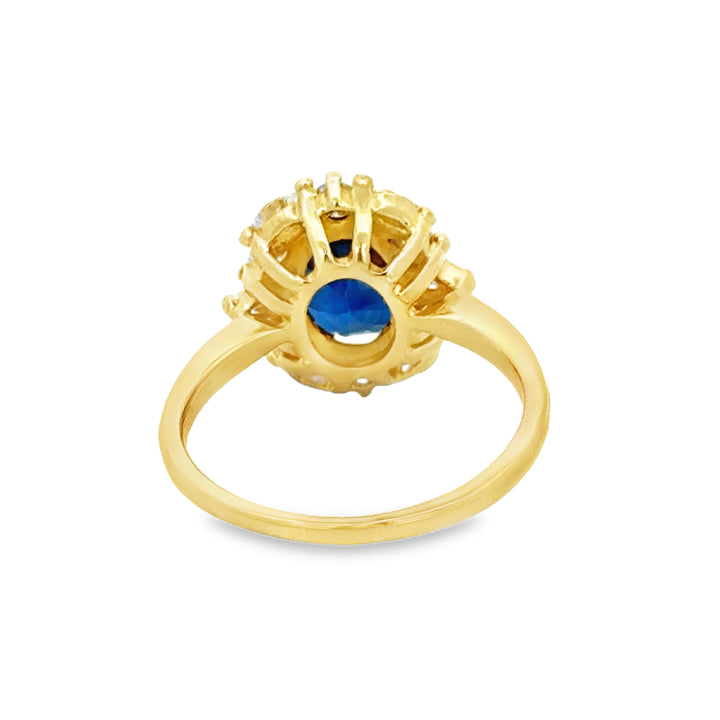 Sapphire and 0.85 CTW Marquise and Round Diamond Halo Ring in 18K Yellow Gold