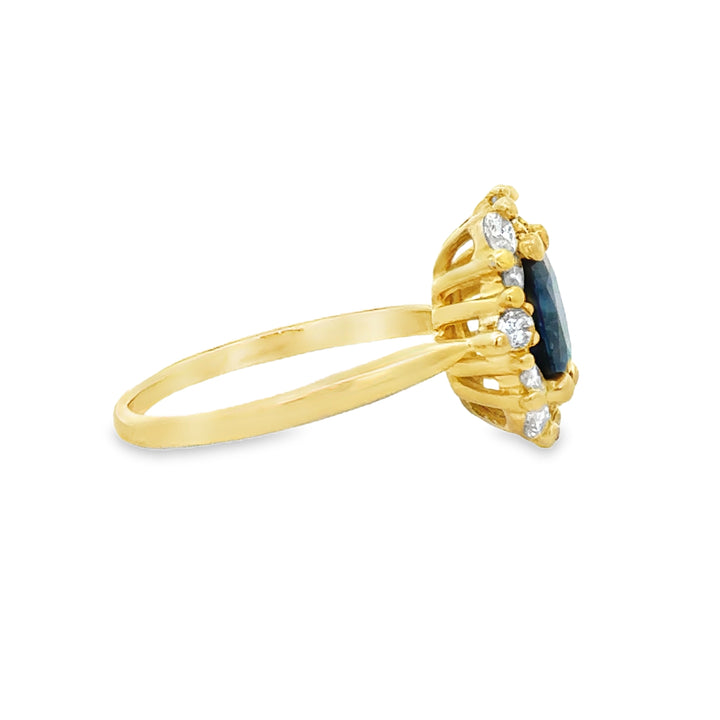 Sapphire and 0.85 CTW Marquise and Round Diamond Halo Ring in 18K Yellow Gold