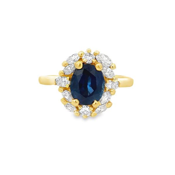 Sapphire and 0.85 CTW Marquise and Round Diamond Halo Ring in 18K Yellow Gold