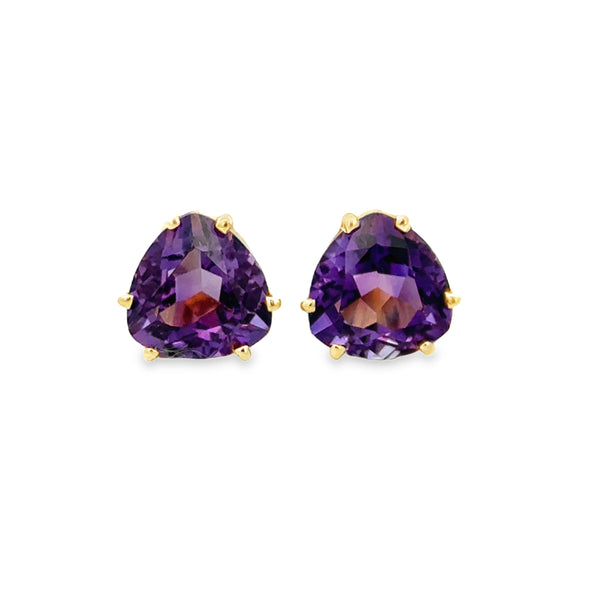 Trillion-Cut Amethyst Stud Earrings in 14K Yellow Gold – 9mm