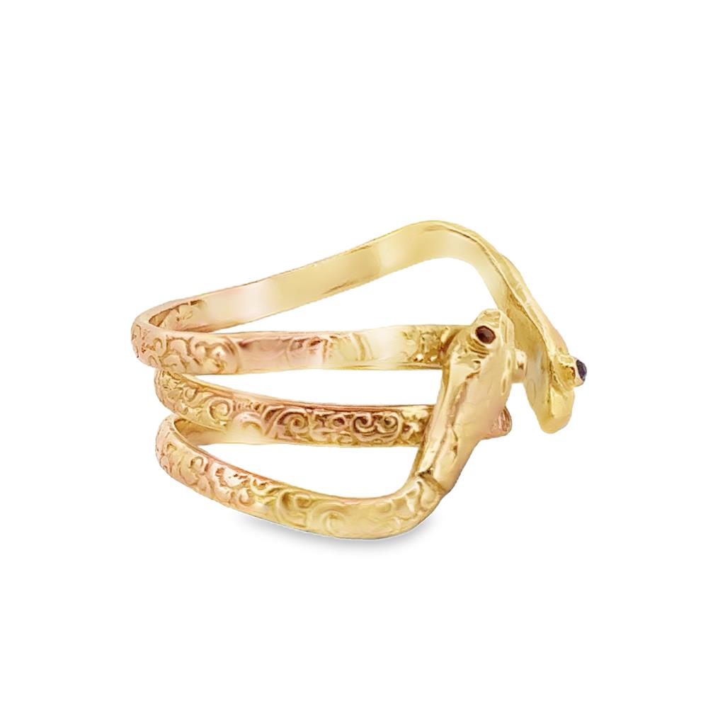 Vintage 14K Yellow Gold Snake Ring with Ruby Eyes – 13mm Wide