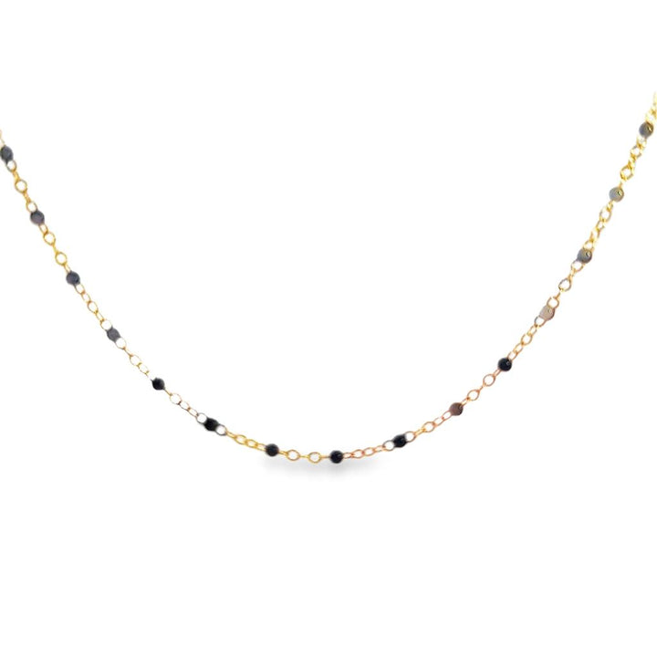 2mm Black Enamel Bead 14K Yellow Gold Piatto Chain Necklace, 18"