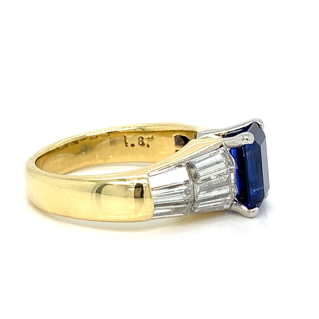 1.97 CT Emerald Cut Sapphire 1.20 CTW Baguette Diamond 18K Yellow Gold Ring