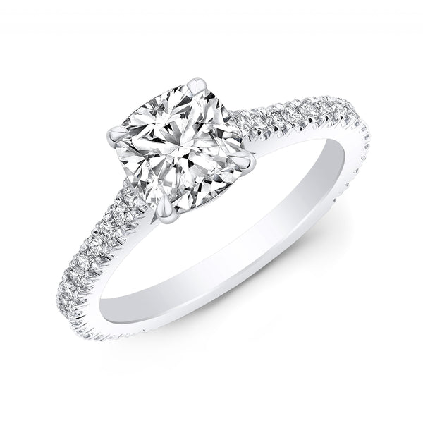 Hidden Halo Engagement Semi-Mount Diamond 18K White Gold Classic Pave Setting Engagement Ring