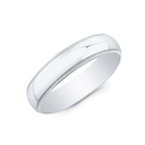18K White Gold Men's Half Round Milgrain Wedding Band - High Polish, 5mm