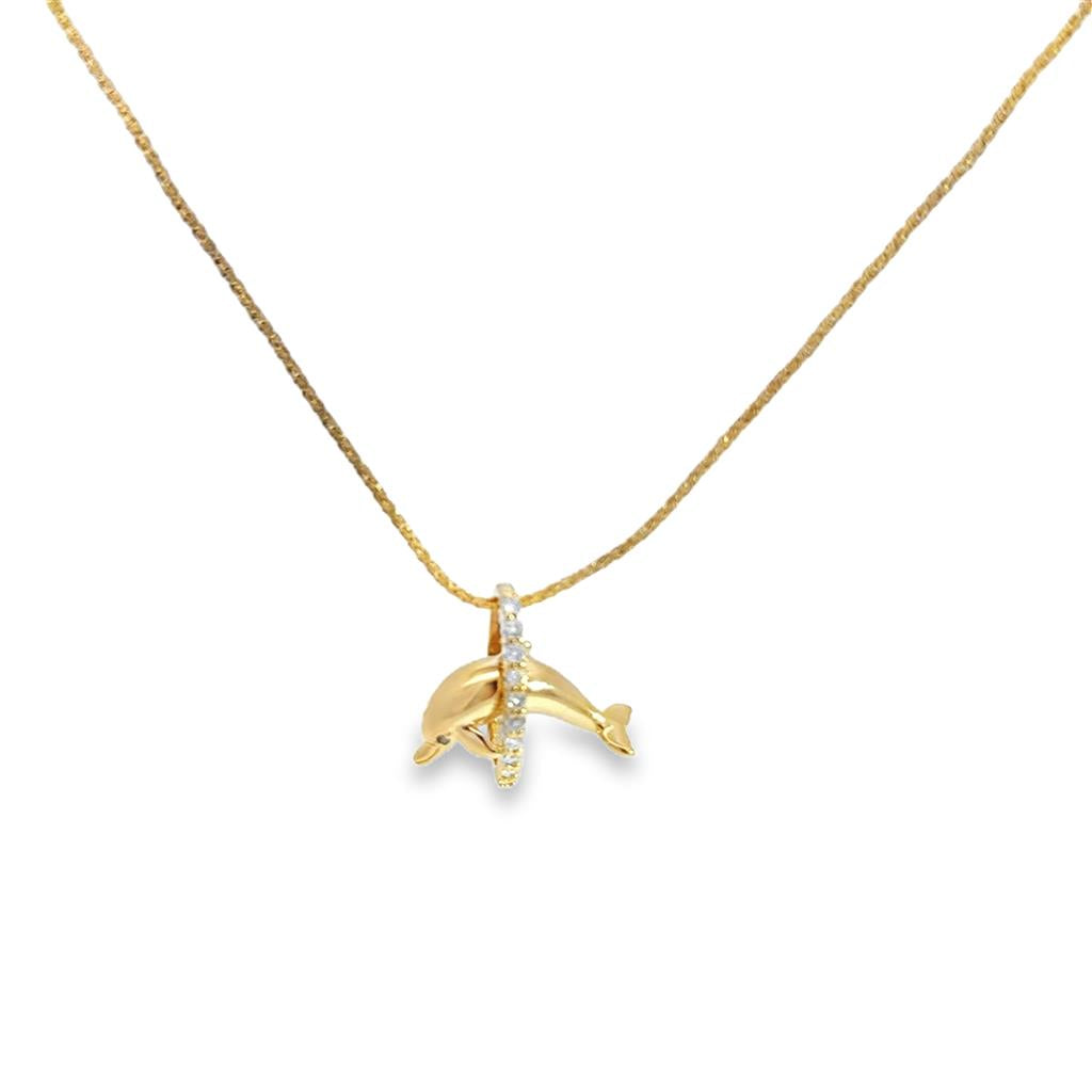 0.20 CTW Diamond Dolphin 14K Yellow Gold Pendant Necklace