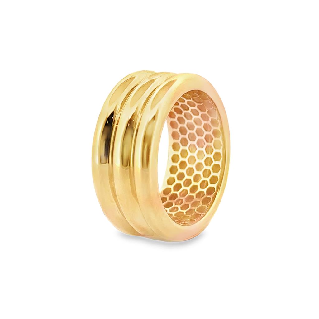 14K Yellow Gold Wide Triple Ridge Band Ring, 9.5mm