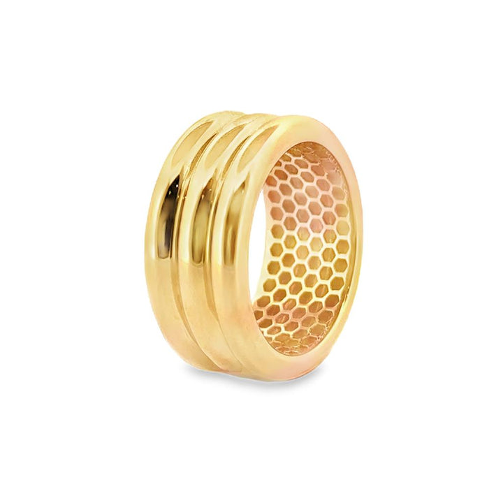 14K Yellow Gold Wide Triple Ridge Band Ring, 9.5mm