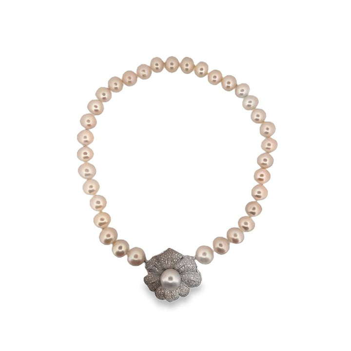 1.80 CTW Diamond Flower Brooch Pearl Necklace – 12–14mm Pearls, 18" Length