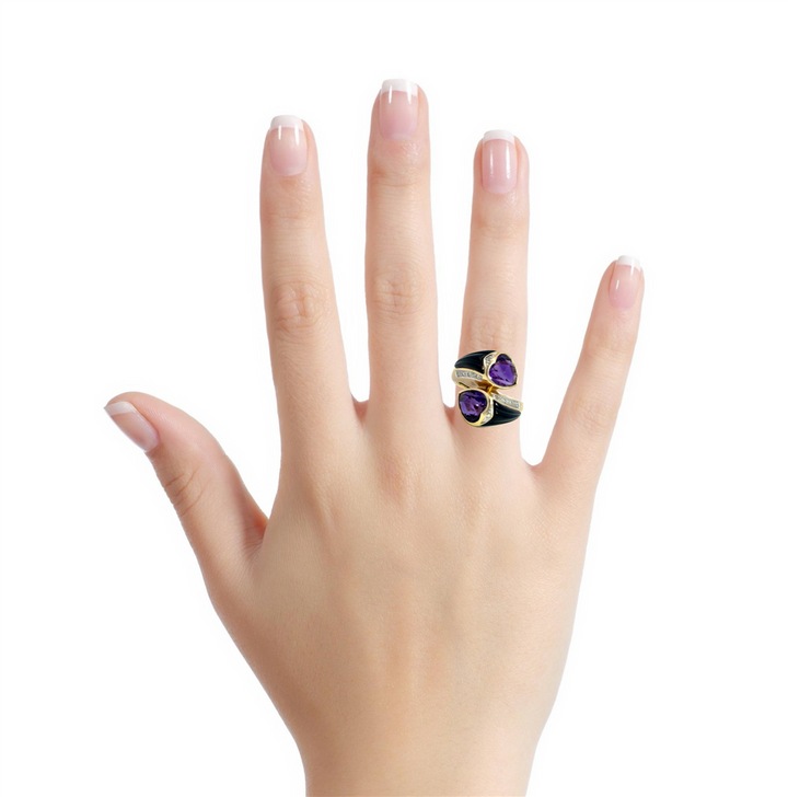 Amethyst, Onyx & Diamond 14K Yellow Gold Heart Ring