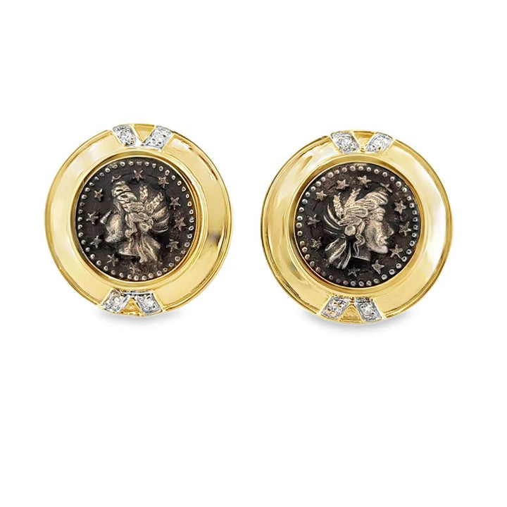 Silver Coin Earrings with 14K Yellow Gold and 0.08 CTW Diamonds