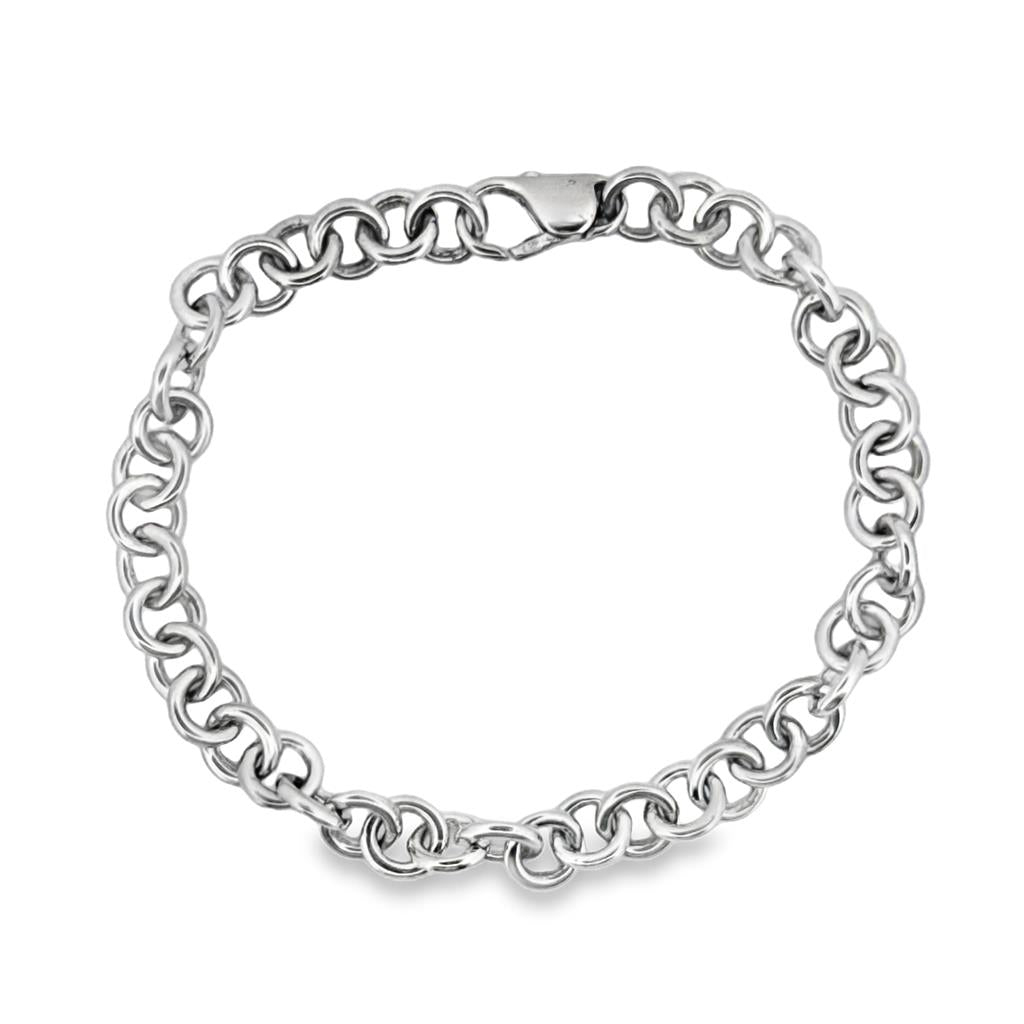 14K White Gold Round Link Charm Bracelet, 7" Long, 6.5mm Wide