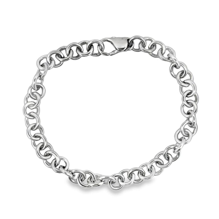 14K White Gold Round Link Charm Bracelet, 7" Long, 6.5mm Wide