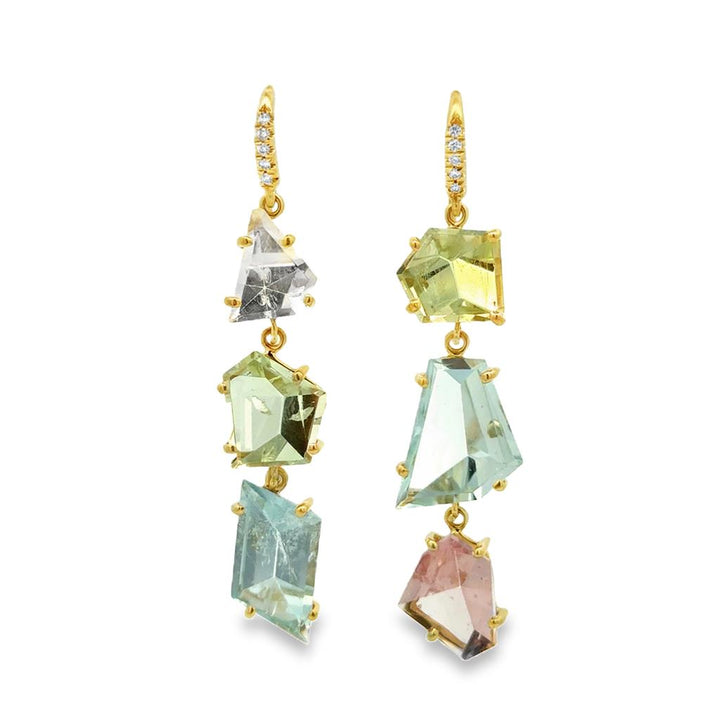 Green Beryl, Aquamarine, Kunzite & Diamond 14K Yellow Gold Abstract Dangle Earrings