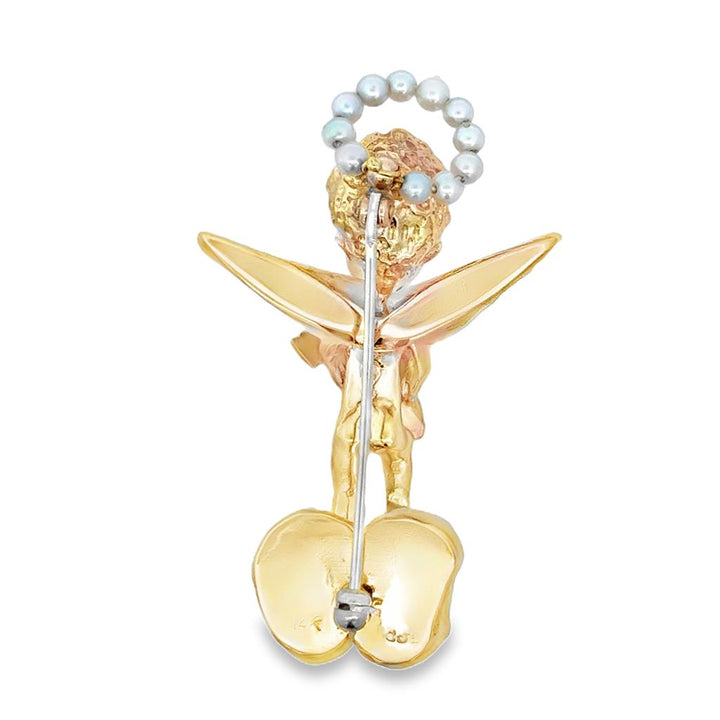 Vintage Angel Brooch Pin with Pearl Halo and Sapphire Eyes in 14K Yellow Gold