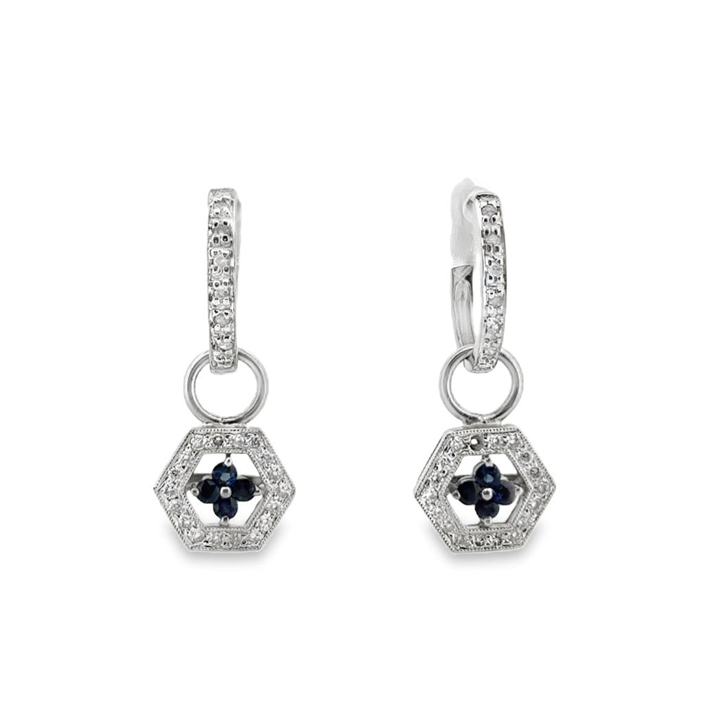 0.25 CTW Diamond & Sapphire Hexagon Drop Earrings in 14K White Gold – 1" Long, Convertible Hoops