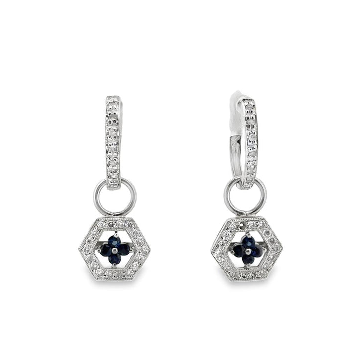 0.25 CTW Diamond & Sapphire Hexagon Drop Earrings in 14K White Gold – 1" Long, Convertible Hoops