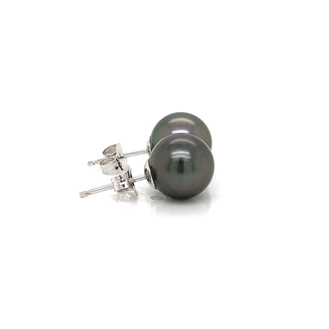 9.5MM Black Tahitian Pearl 14K White Gold Stud Earrings