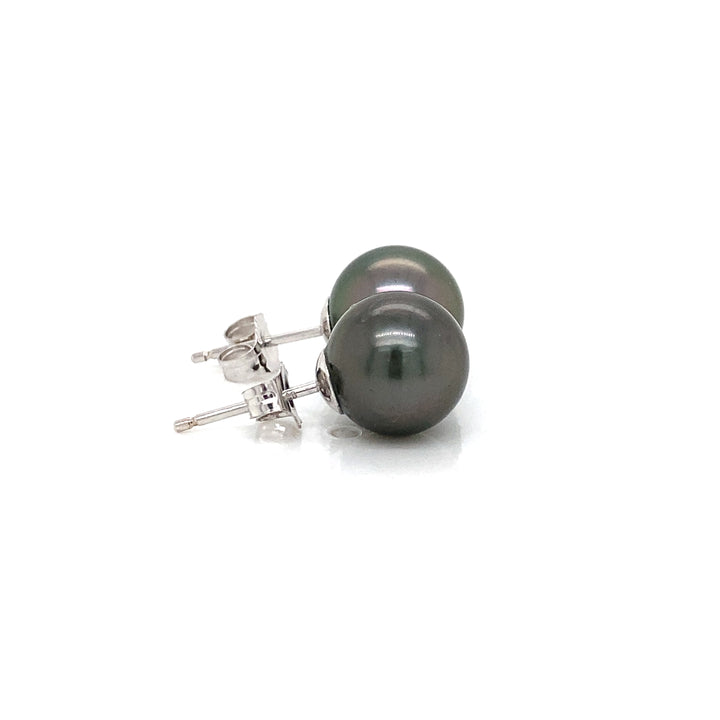 9.5MM Black Tahitian Pearl 14K White Gold Stud Earrings