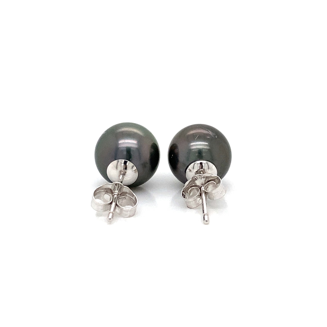 9.5MM Black Tahitian Pearl 14K White Gold Stud Earrings