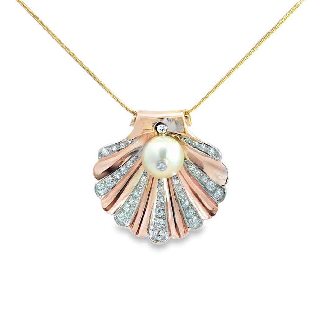 1.00 CTW Diamond & 9mm Pearl 14K Rose Gold Shell Pendant Brooch