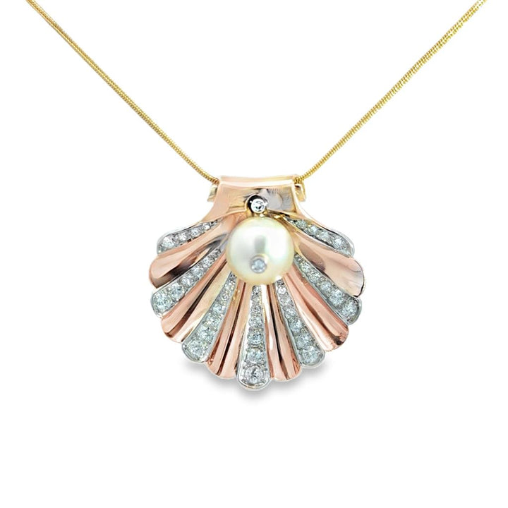 1.00 CTW Diamond & 9mm Pearl 14K Rose Gold Shell Pendant Brooch
