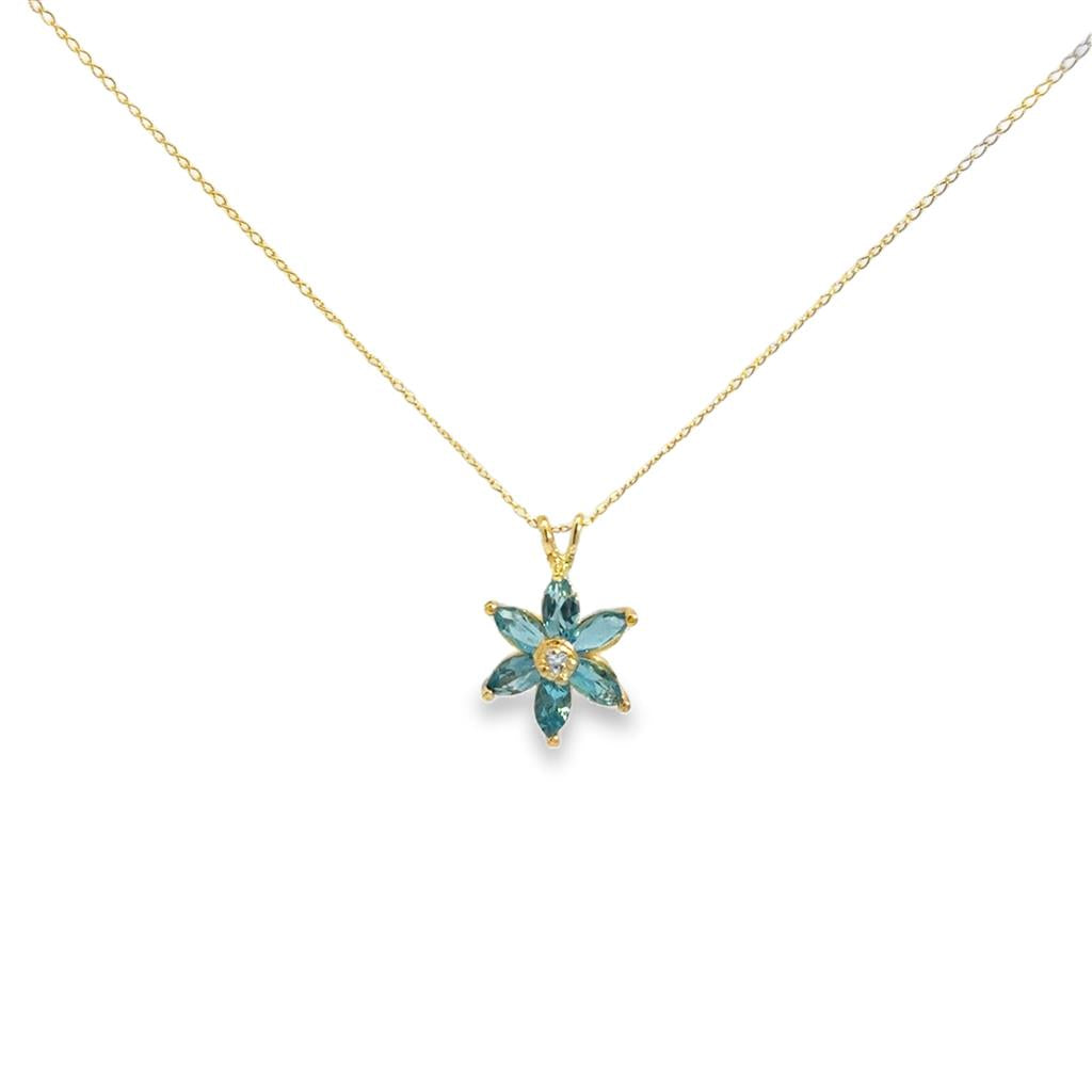 Blue Topaz & Diamond Flower Pendant Necklace – 14K Yellow Gold