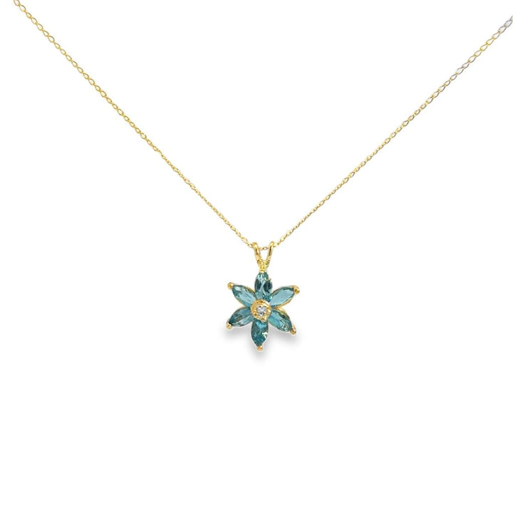 Blue Topaz & Diamond Flower Pendant Necklace – 14K Yellow Gold