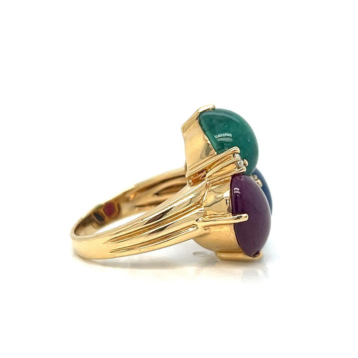 Cabochon Ruby Emerald Sapphire and Diamond Ring