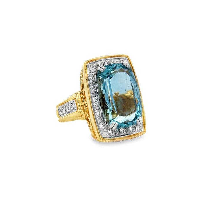 Pre-Owned 0.40 CTW Diamond & Aquamarine 18K Yellow Gold Ornate Ring