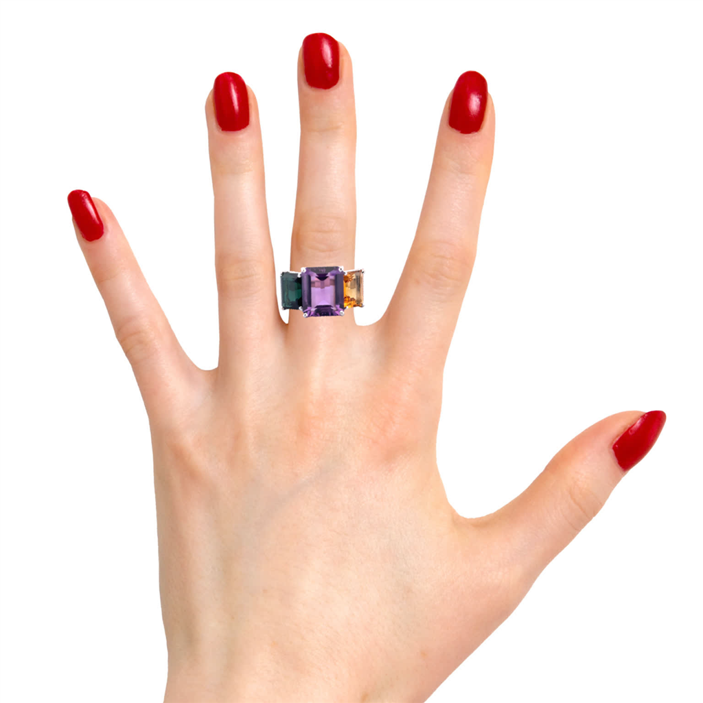 Multi-Gemstone Three-Stone Statement Ring in 18K White Gold