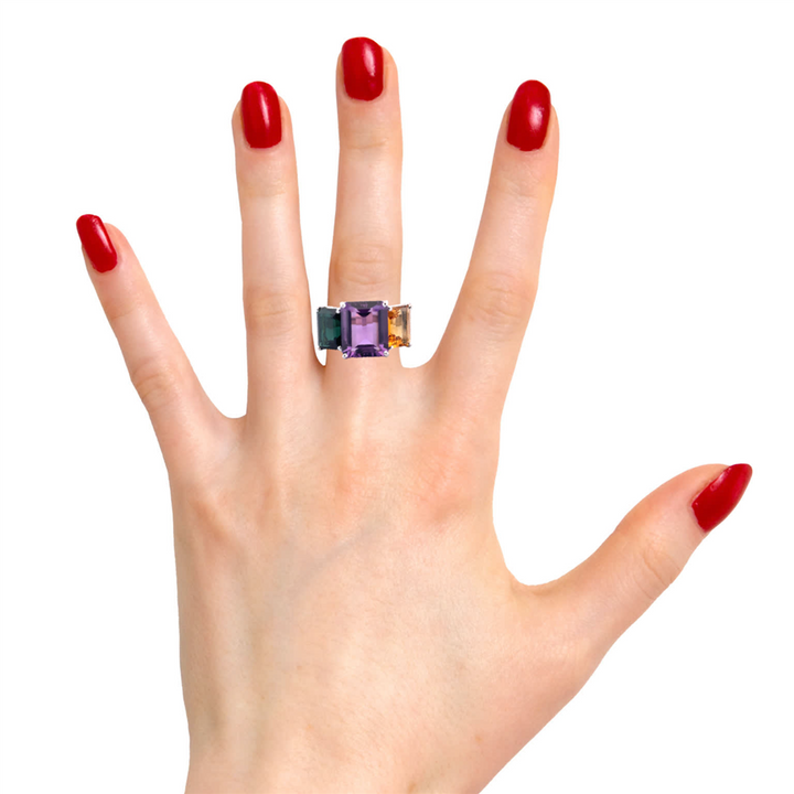 Multi-Gemstone Three-Stone Statement Ring in 18K White Gold