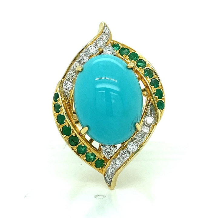 Sal Praschnik 18K Yellow Gold Cabochon Turquoise Ring with Diamonds and Emeralds