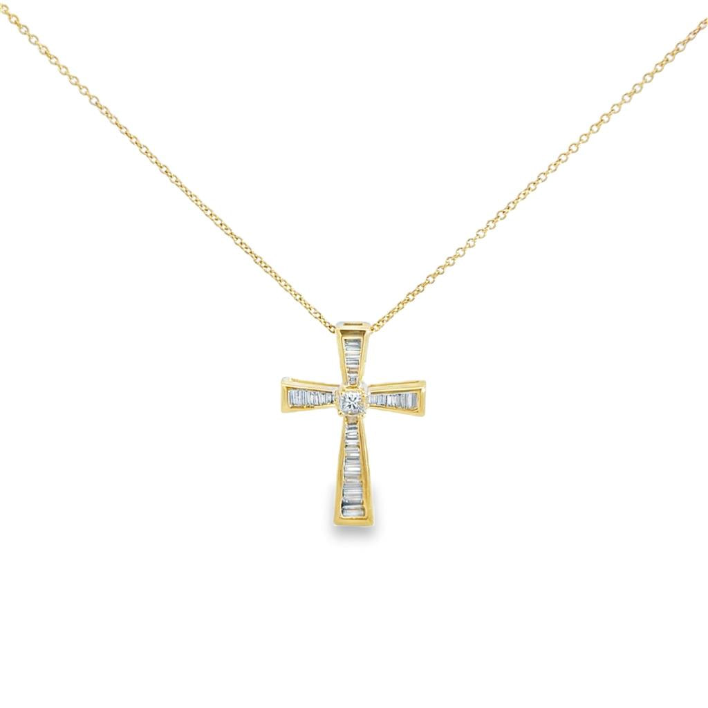 Baguette & Princess Cut Diamond Cross 14K Yellow Gold Pendant Necklace