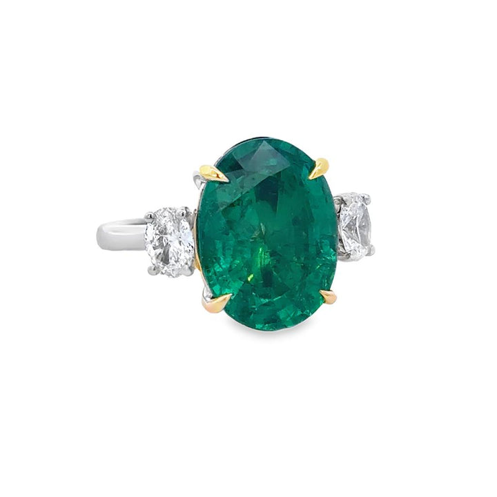 7.05 CT Oval Emerald & 0.70 CTW Diamond Platinum & Yellow Gold 3 Stone Ring - AGL