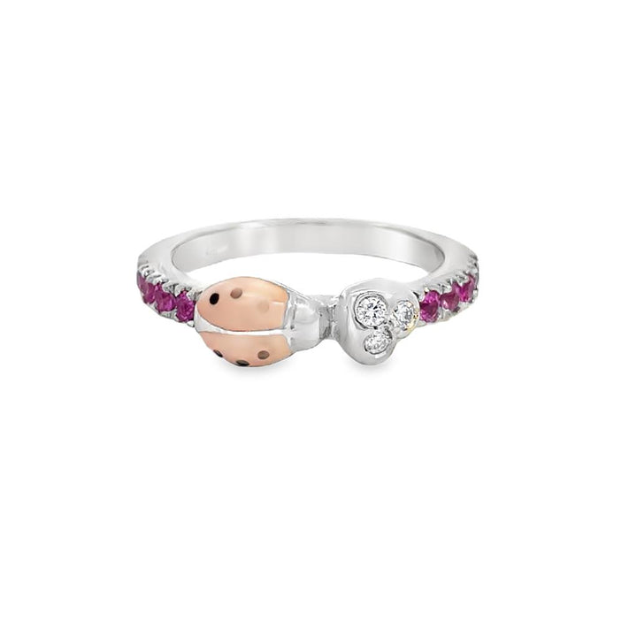 0.06 CTW Diamond Heart & Enamel Ladybug Ring in 18K White Gold with Pink Sapphires